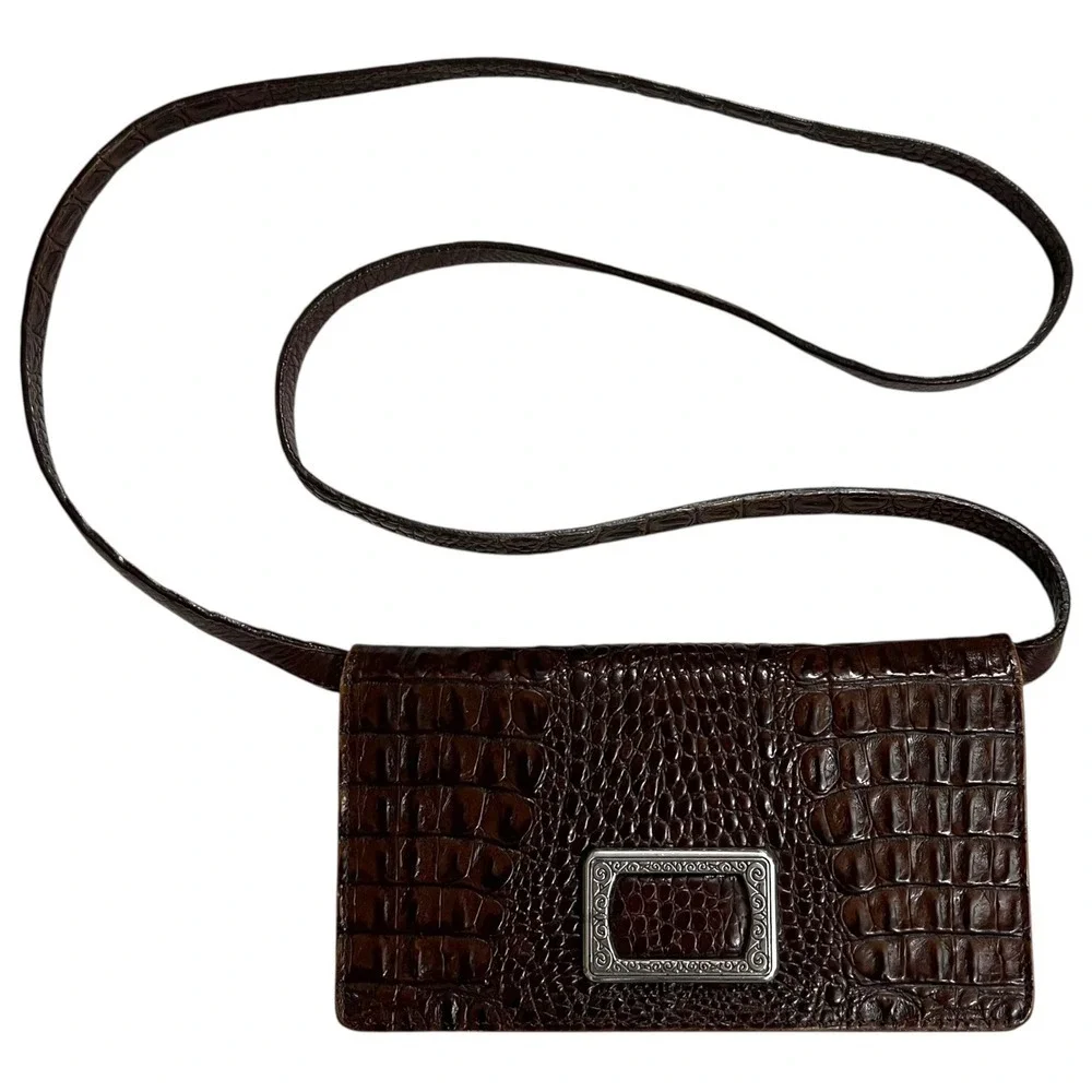 Brighton Brown Croc Embossed Leather Crossbody Shoulder Bag Silver‎ Hardware